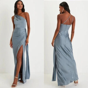 Lulus Signature Elegance Slate Blue Satin One-Shoulder Maxi Dress Party